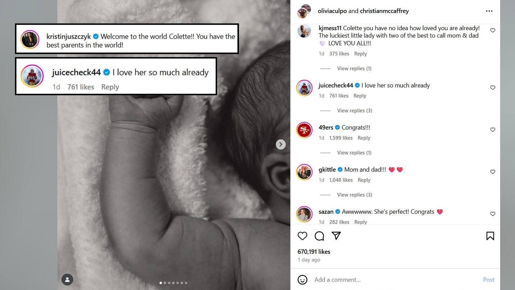 Christian McCaffrey and Olivia Culpo received special message from Kristin Juszczyk (Image Credit: Culpo/IG)